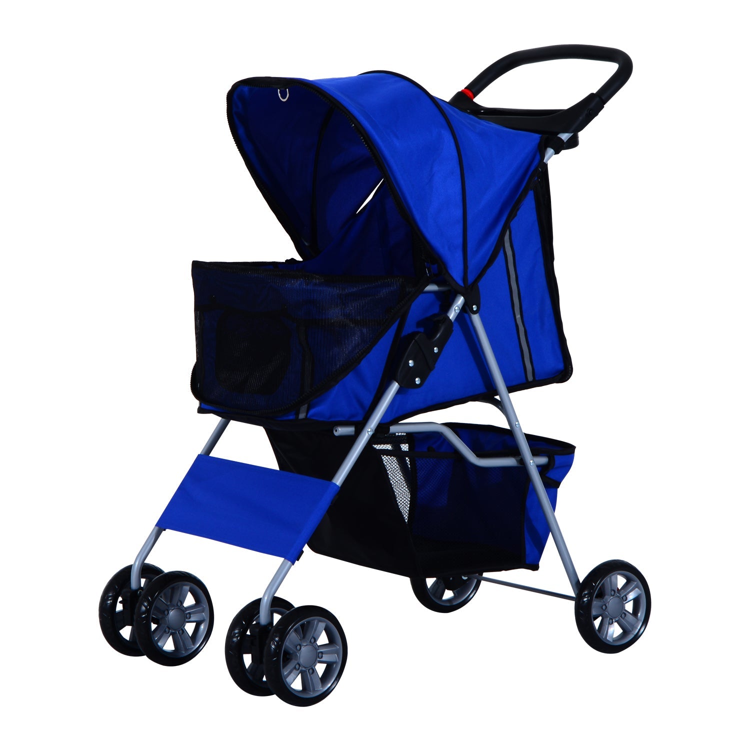 Pet Stroller for Small Miniature Dogs Cats Foldable Travel Carriage with Wheels Zipper Entry Cup Holder Storage Basket Blue