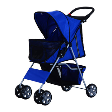 Pet Stroller for Small Miniature Dogs Cats Foldable Travel Carriage with Wheels Zipper Entry Cup Holder Storage Basket Blue