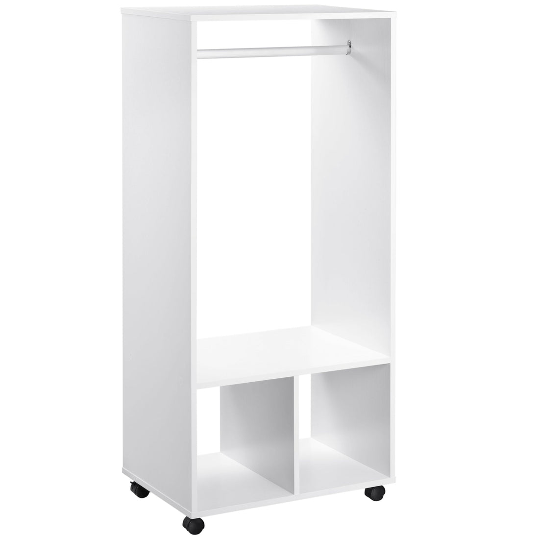 Open Wardrobe on Wheels, Bedroom Wardrobe with Clothes Hanging Rail, 2 Storage Shelves, Mobile Garment Rack for Cloakroom, Hallway, White