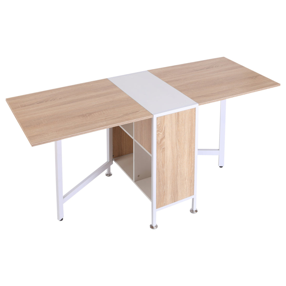 Foldable Drop Leaf Dining Table Folding Workstation for Small Space with Storage Shelves Cubes Oak & White