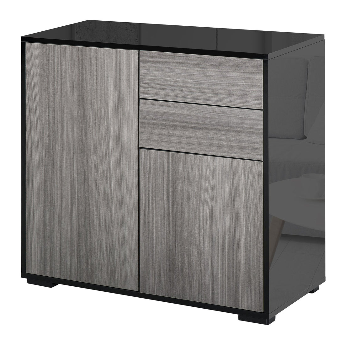 High Gloss Frame Sideboard, Push-Open Design with 2 Drawer for Living Room, Bedroom, 74H x 79W x 36Dcm, Light Grey and Black