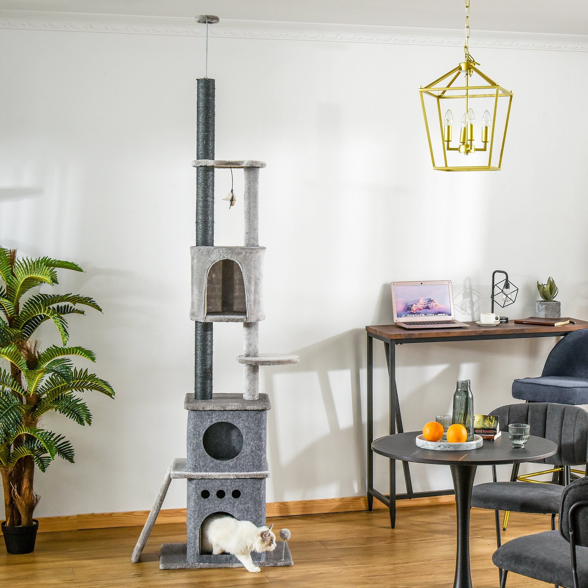 255cm Floor To Ceiling Cat Tree for Indoor Cats Climber Scratching Post Adjustable Height Play Tower Removable Cover Grey