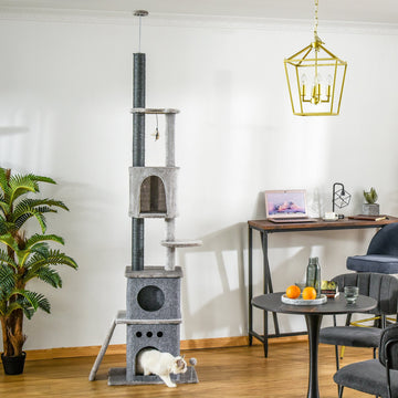 255cm Floor To Ceiling Cat Tree for Indoor Cats Climber Scratching Post Adjustable Height Play Tower Removable Cover Grey