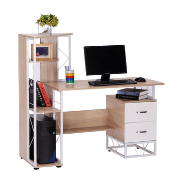 Computer Desk with Drawers and Bookshelf, Writing Desk for Home Office with Storage Shelves, Study Workstation, Oak