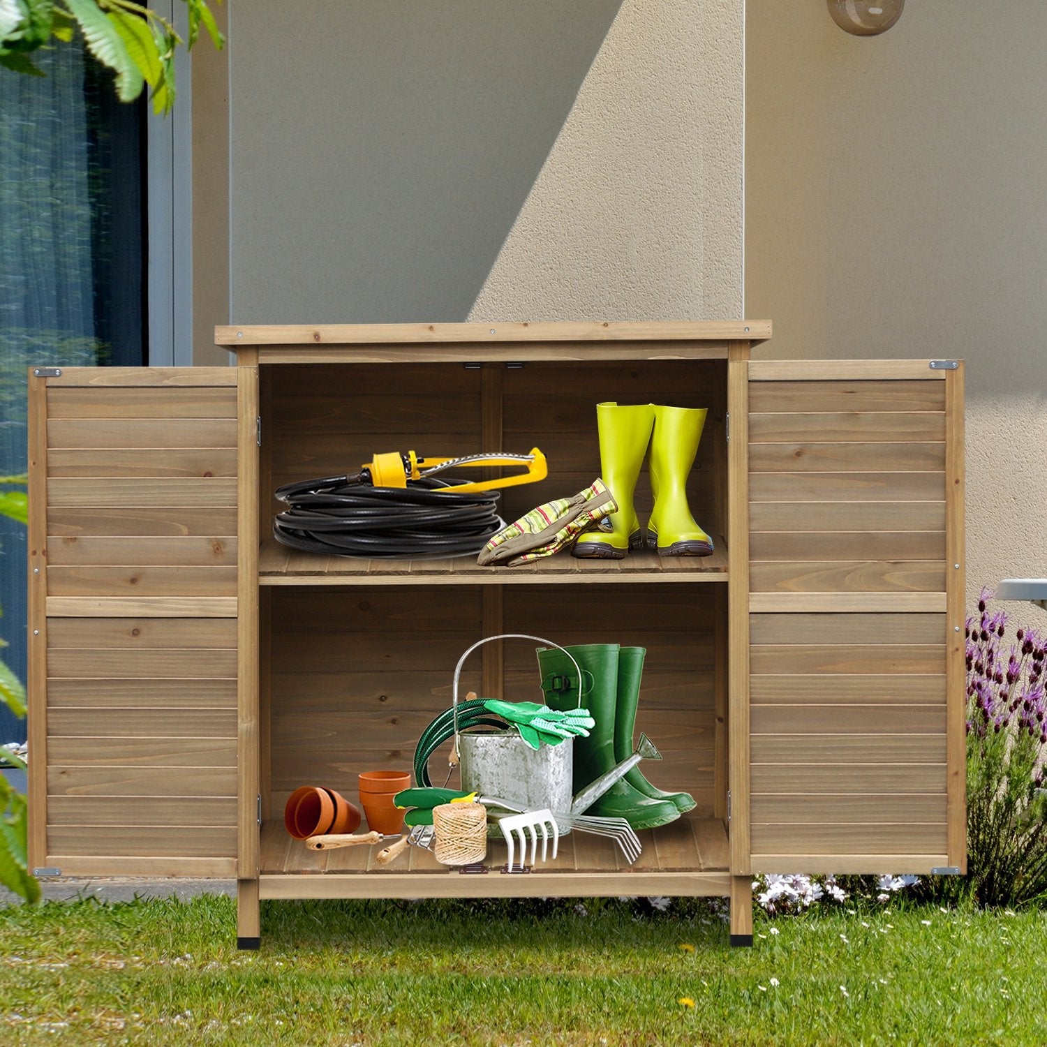 Garden Shed Wooden Garden Storage Shed 2 Door Unit Solid Fir Wood Garage Tool Organisation Cabinet, 87L x 46.5W x 96.5Hcm, Natural