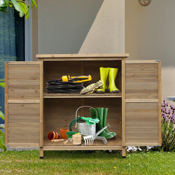 Garden Shed Wooden Garden Storage Shed 2 Door Unit Solid Fir Wood Garage Tool Organisation Cabinet, 87L x 46.5W x 96.5Hcm, Natural
