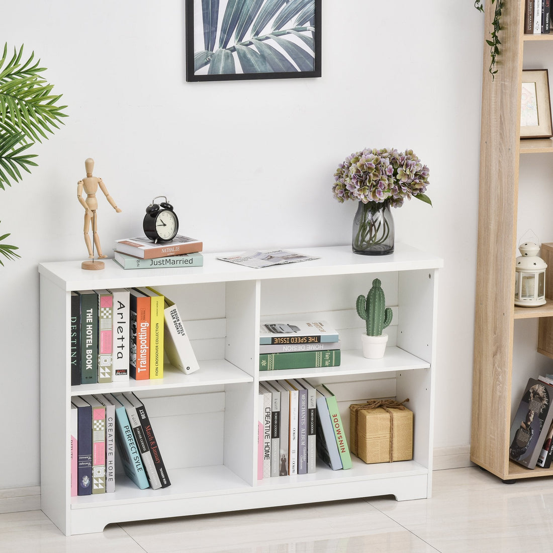 Wooden Cube Bookcase, 2 Tier Open Storage Shelving Unit with 4 Compartments, Freestanding Display Bookshelf for Home Office Living Room Furniture, 118 x 29 x 76cm, White
