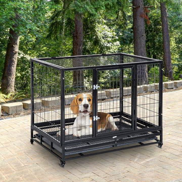 43" Heavy Duty Metal Dog Crate Pet Cage with Tray Wheeled Dog Kennel - Black (Large)