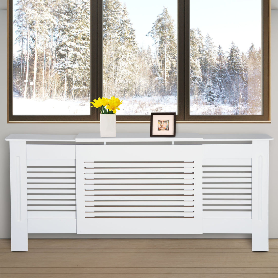 MDF Extendable Radiator Cover Cabinet Shelving Home Office Slatted Design White 139-208.5L x 20.5W x 82.5H cm