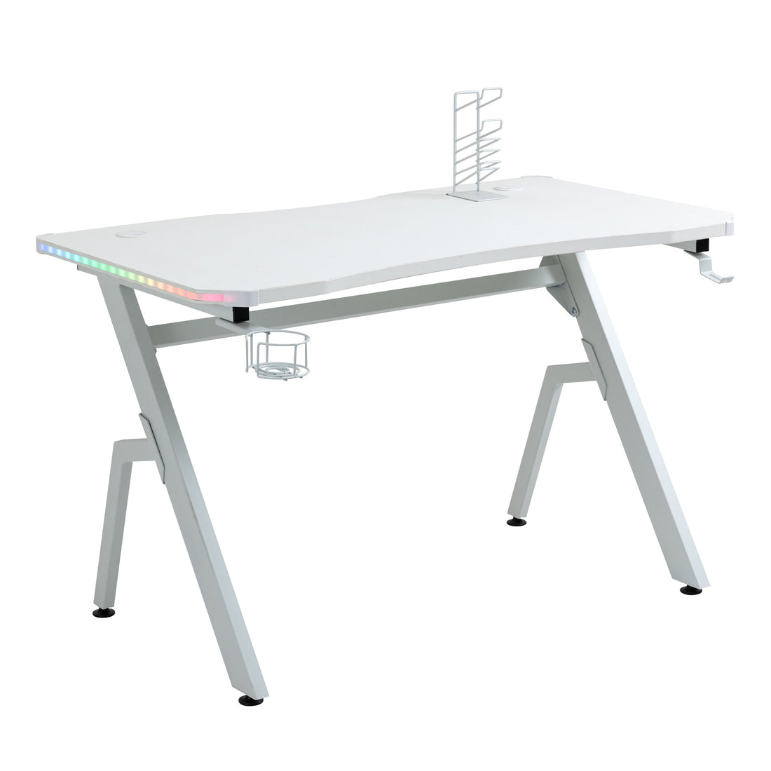 RGB 120 x 66cm Gaming Desk, Computer Table with Carbon Fibre Surface, Headphone Hook, Cup Holder, Controller Rack, Home Office Desk, White