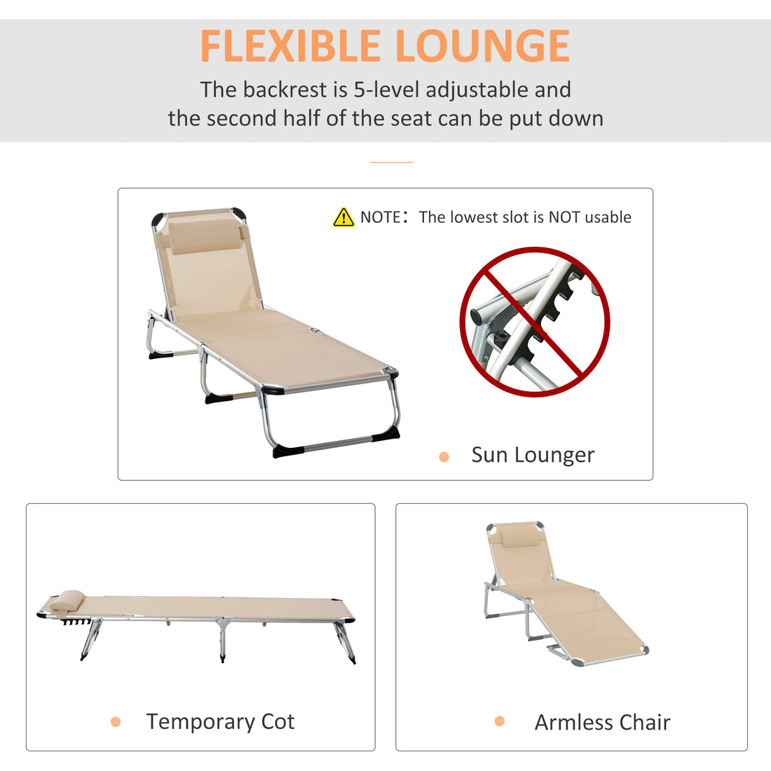 Foldable Outdoor Sun Lounger, Reclining Lounge Chair Camping Bed Cot with Pillow 4-Level Adjustable Back Aluminium Frame, Khaki