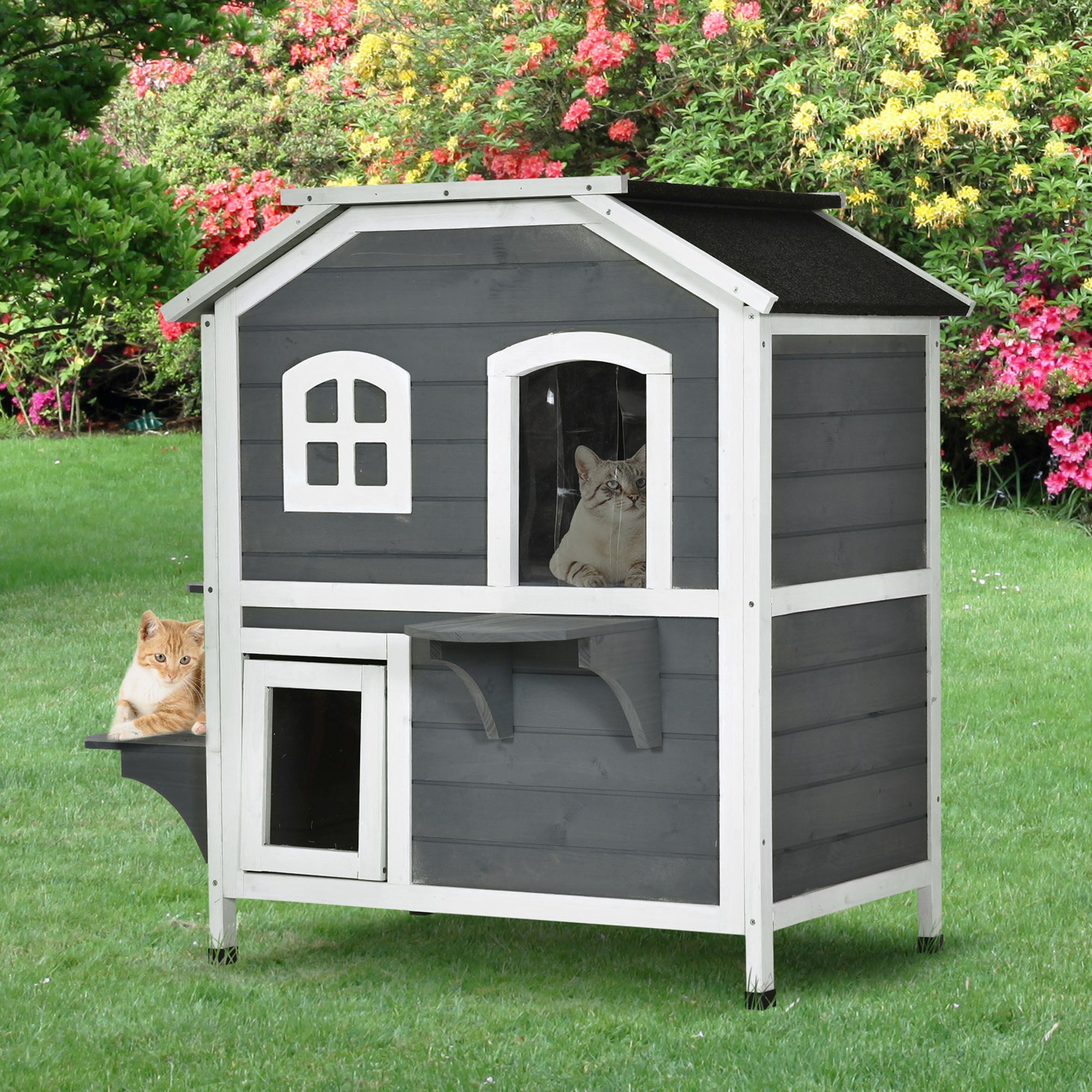  2-story Cat House Outdoor, Weatherproof Wooden Cat Enclosure for Feral Cats with Escape Door, Openable Roof, Jumping Platforms, Grey