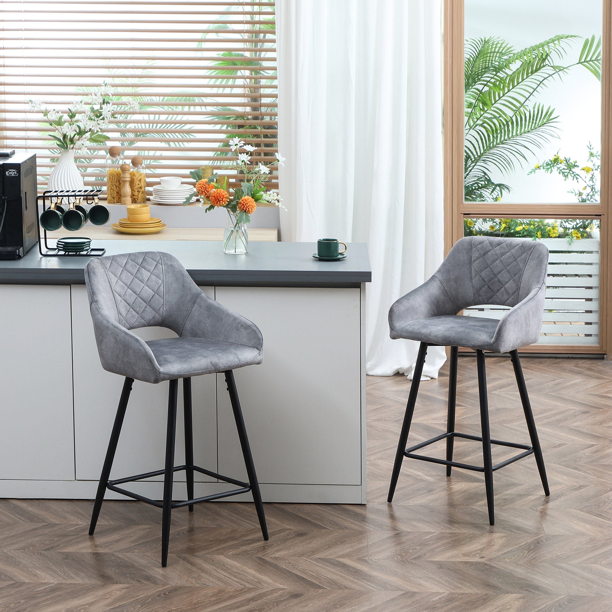 Bar Stools Set of 2, Velvet-Touch Fabric Counter Height Bar Chairs, Kitchen Stools with Steel Legs for Dining Area, Kitchen Island Barstools, Grey