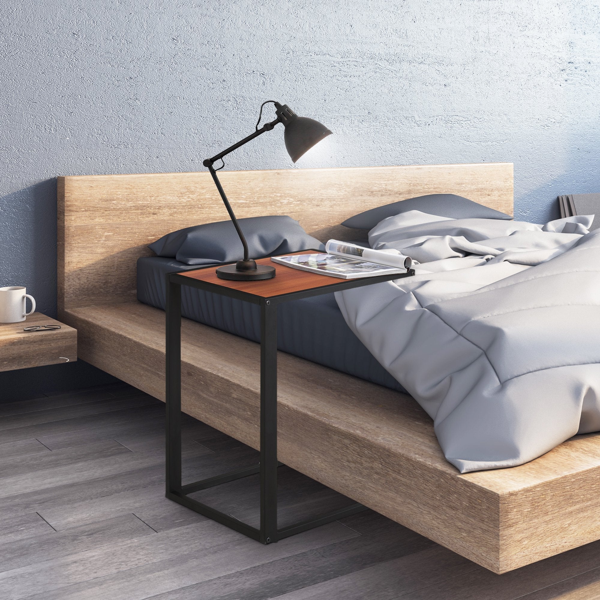 C-Shaped Side Table, Sofa End Table with Metal Frame, Accent Couch Table for Living room, Bedroom, Walnut and Black