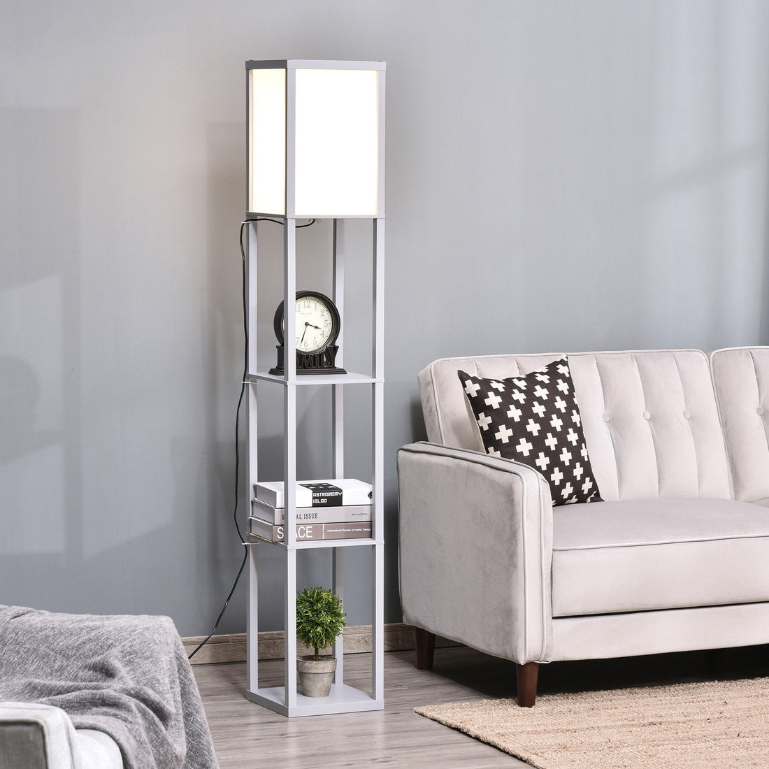 HOMCOM 4-Tier Grey Floor Lamp with Shelf, Floor Light with Storage Shelf, Reading Standing Lamp