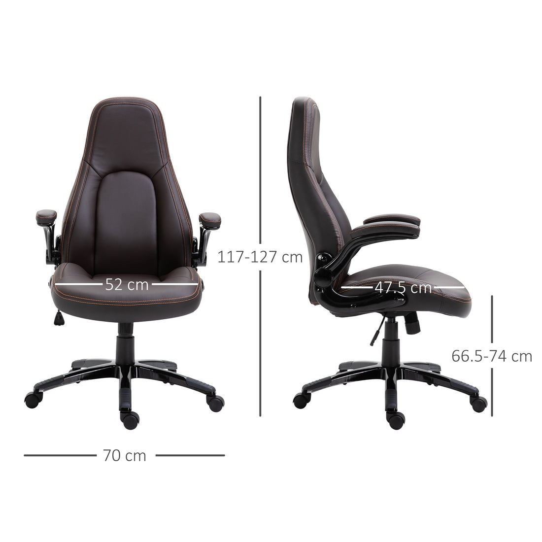 Computer Gaming Chair, PU Leather Office Chair, Swivel Desk Chair with Adjustable Arms and Height, Padded Armrest and Seat, Rolling Wheels, Coffee