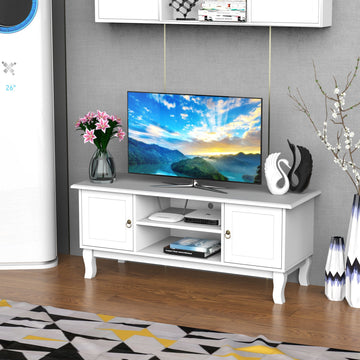 TV Unit up to 55", 2 Doors TV Cabinet with Open Storage Shelves and Cable Management for Living Room, Bedroom, Entertainment Room, 120L x 45W x 50.5H, White
