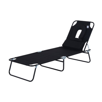 Outdoor Folding Sun Lounger with Face Hole, 4 Level Adjustable Backrest Reclining Garden Lounger, Garden Recliner Sunbed with 600 D Oxford Cloth Seat and Pillow for Beach, Black
