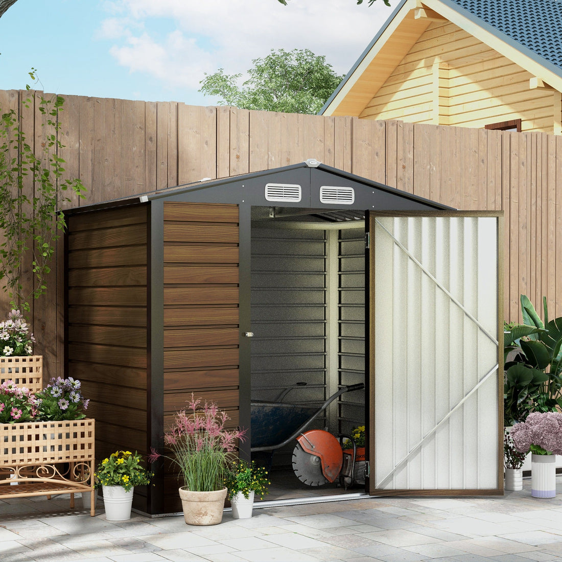 4 x 6ft Galvanised Steel Garden Shed, with Lock and Gloves - Oak