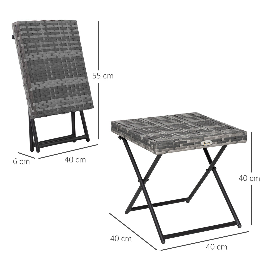 Square PE Wicker Rattan Folding Table,Weather Resistant Wicker Weave Side Table with Steel Frame, Grey