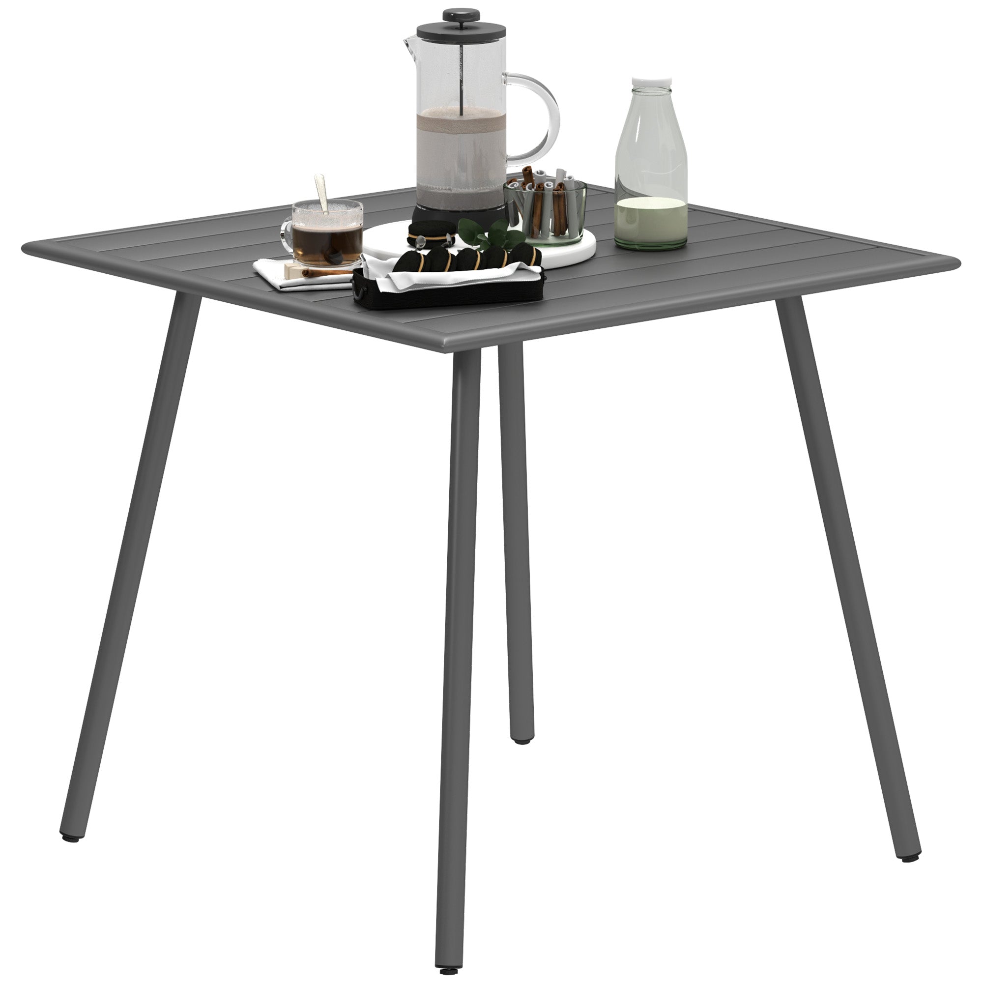 Square Garden Table with Slat Top, Steel Frame, Outdoor Table for 4 Person, 80 x 80 x 74 cm, Grey