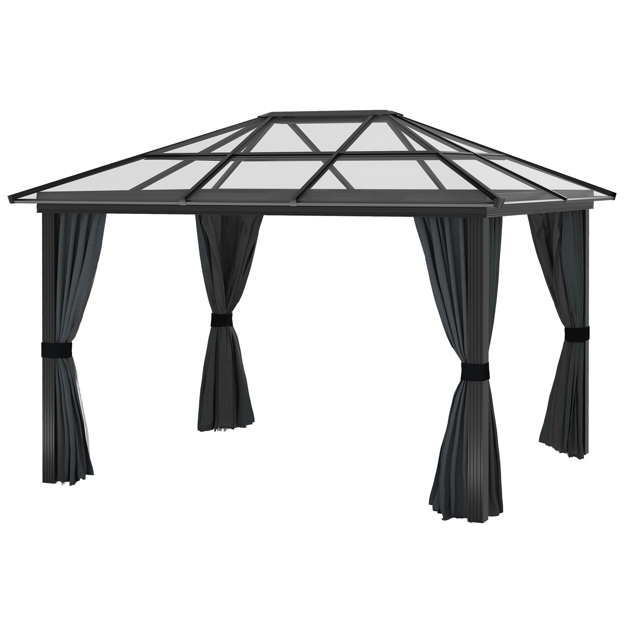 3 x 3.6m Hardtop Gazebo Canopy with Polycarbonate Roof, Aluminium Frame, Permanent Pavilion Garden Gazebo with Netting and Curtains for Patio, Deck, Dark Grey