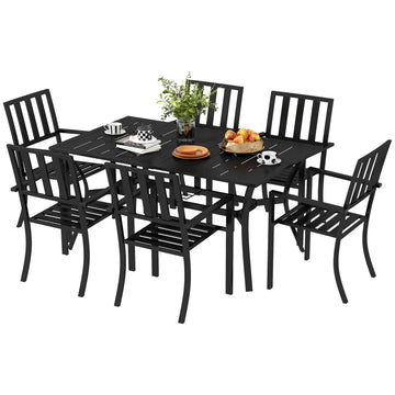 7 Pieces Garden Table and Chairs 6 Seater Outdoor Table and Chairs with Umbrella Hole, for Poolside, Garden, Black