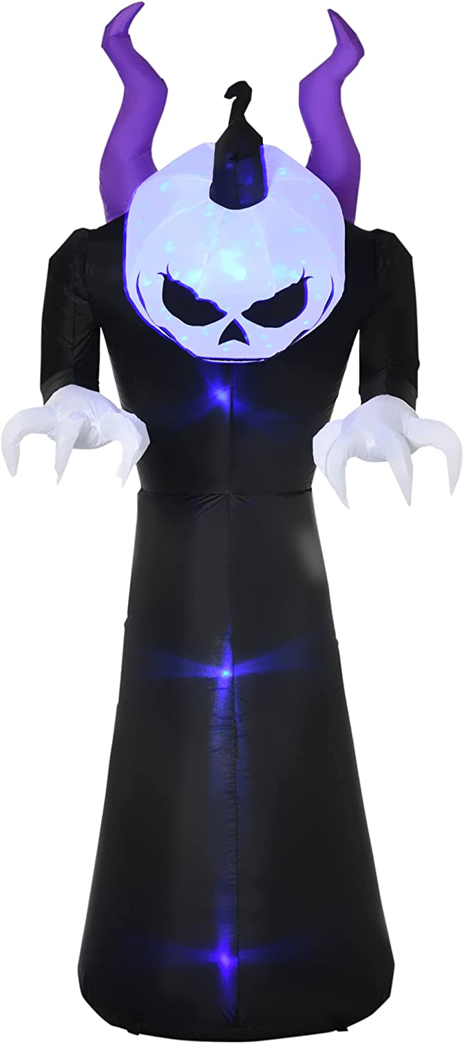 7ft Inflatable Halloween Ghost with Horns, Blow-Up Outdoor LED Display with Flame Effect for Garden, Lawn, Party, Holiday