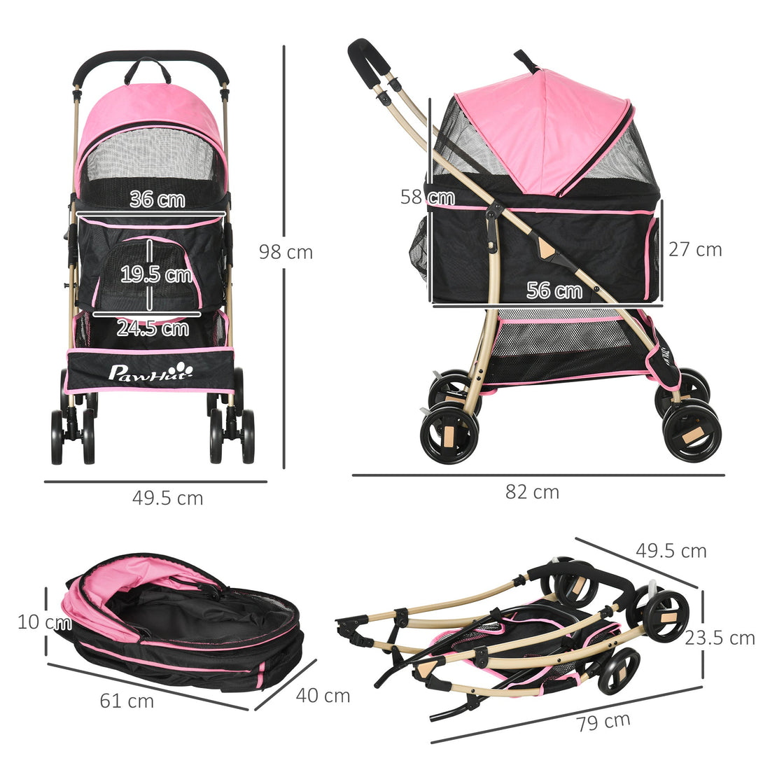 3 In 1 Detachable Pet Stroller, for Extra Small and Small Dogs - Pink