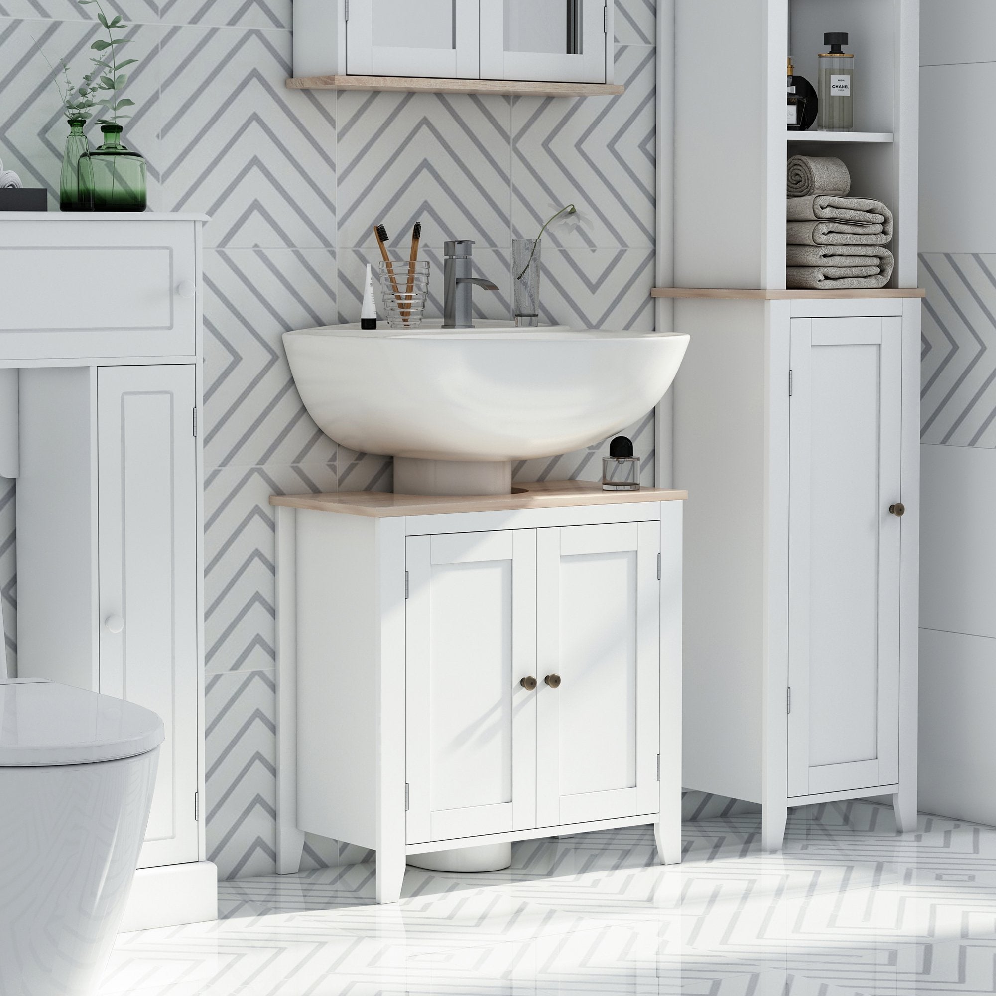 Under Sink Cabinet, Bathroom Sink Cabinet with 2 Doors, Pedestal Under Sink Design, Freestanding Bathroom Cupboard with Adjustable Shelf, White