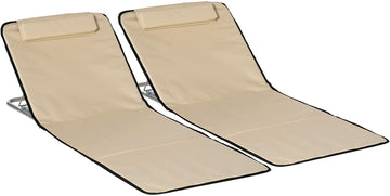 Set of 2 Foldable Garden Beach Chair Mat Lightweight Outdoor Sun Lounger Seats Adjustable Back Metal Frame PE Fabric Head Pillow w/ Carry Bag, Beige