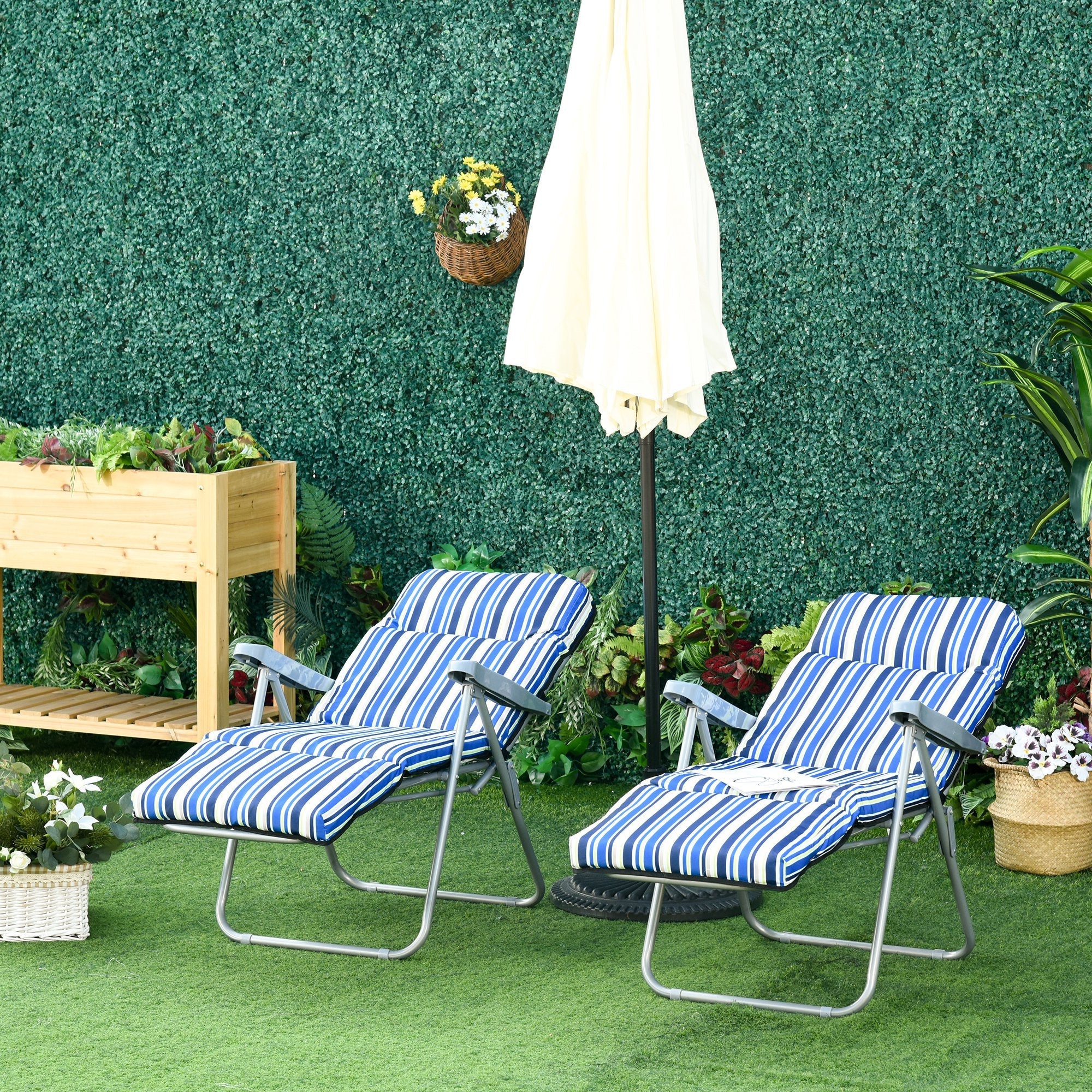 Reclining Garden Chair Set of 2, 5-Level Adjustable Zero Gravity Chairs with Cushions, Folding Sun Lounger Garden Recliner Chairs with Armrests for Outdoor, Patio, Blue Stripe