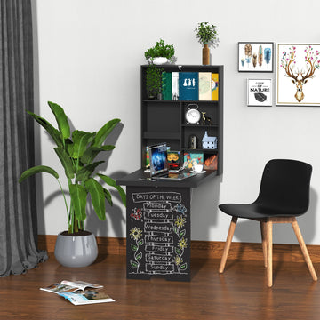 Folding Wall-Mounted Drop-Leaf Table, Convertible Wall Table With Chalkboard and Storage Shelf, Multifunctional Floating Desk for Home Office, Black