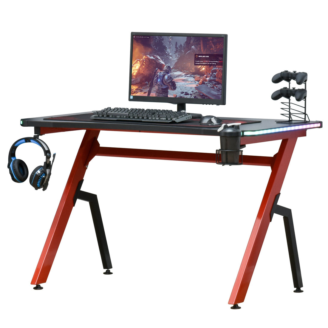 RGB 120 x 66cm Gaming Desk, Computer Table with Carbon Fibre Surface, Headphone Hook, Cup Holder, Controller Rack, Home Office Desk, Black and Red