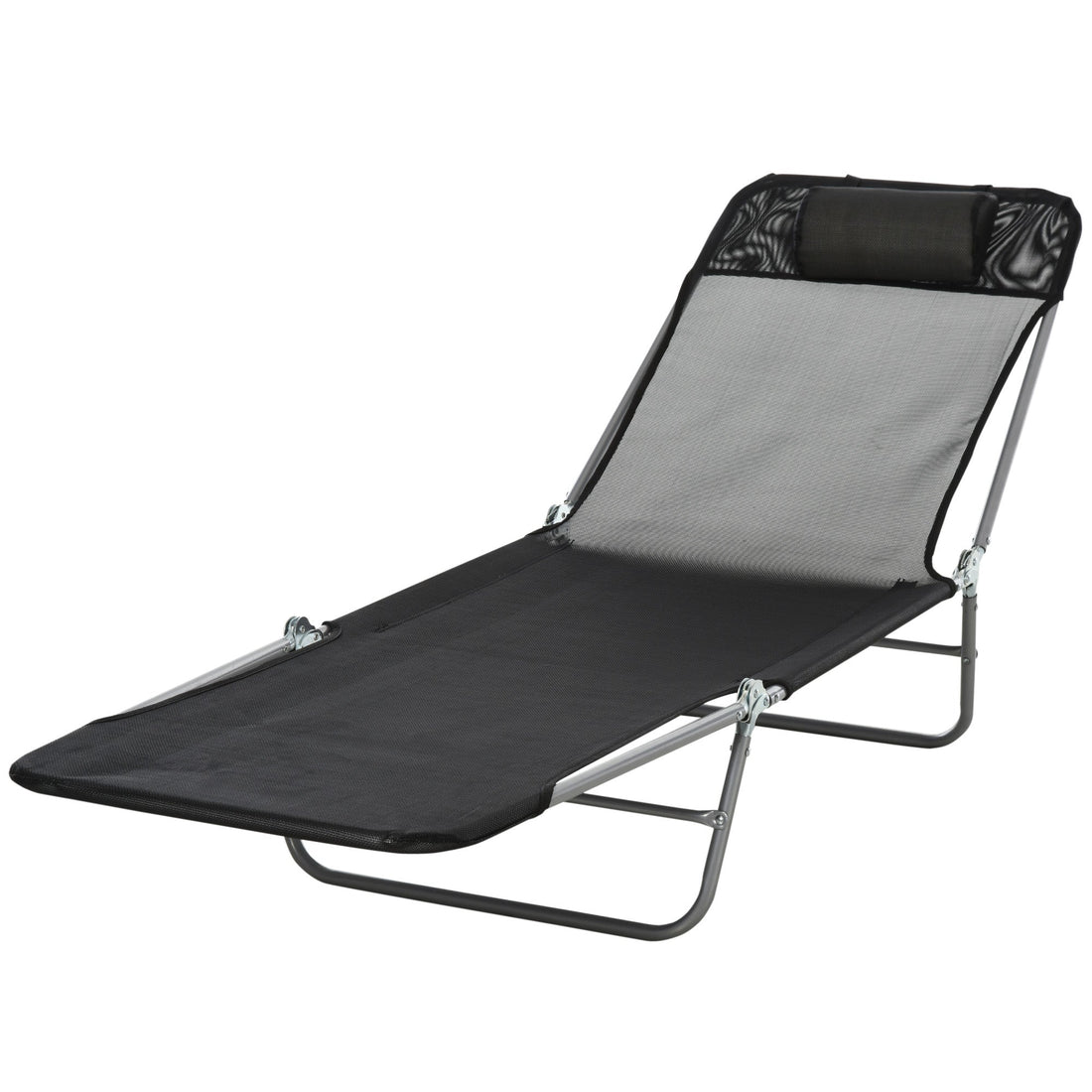 Outdoor Foldable Sun Lounger, Adjustable Backrest Garden Recliner Sun Lounger Chair with Headrest Pillow, Black