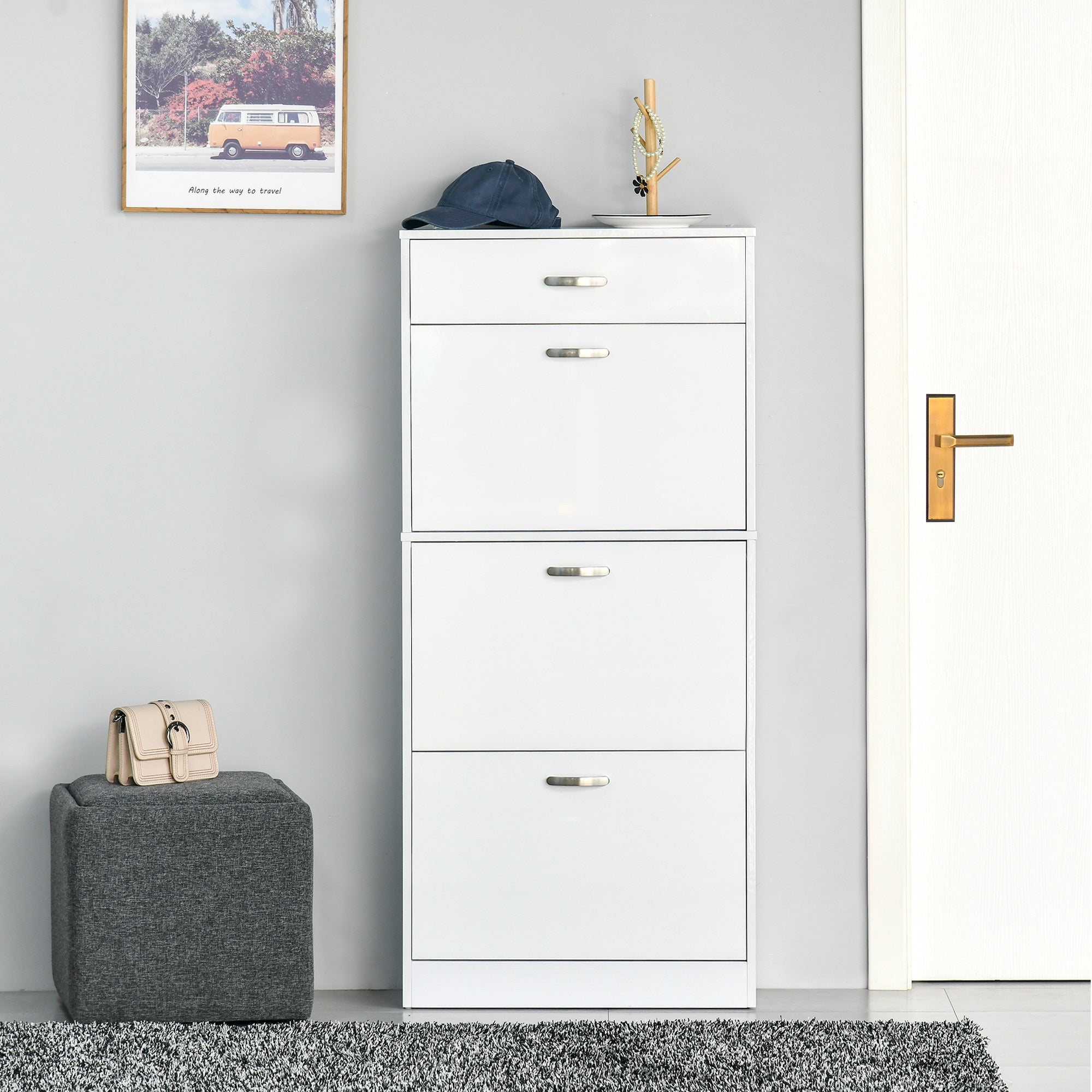 Shoe Cabinet with 3 Flip Drawers, High Gloss Shoe Storage Cabinet with Top Drawer and Adjustable Shelves, Shoe Cupboard for 18 Pairs, White
