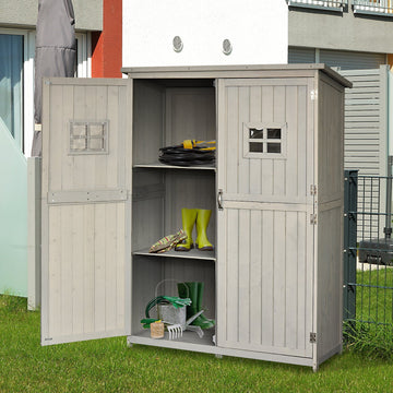 Wooden Garden Shed with Two Windows, Tool Storage Cabinet, Outdoor Double Door Organizer 127.5L x 50W x 164H cm, Grey