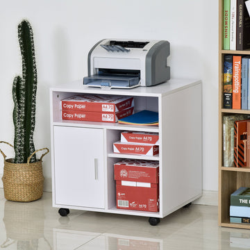 Multi-Storage Printer Stand Unit Office Desk Side Mobile Storage w/ Wheels Modern Style 60L x 50W x 65.5H cm - White