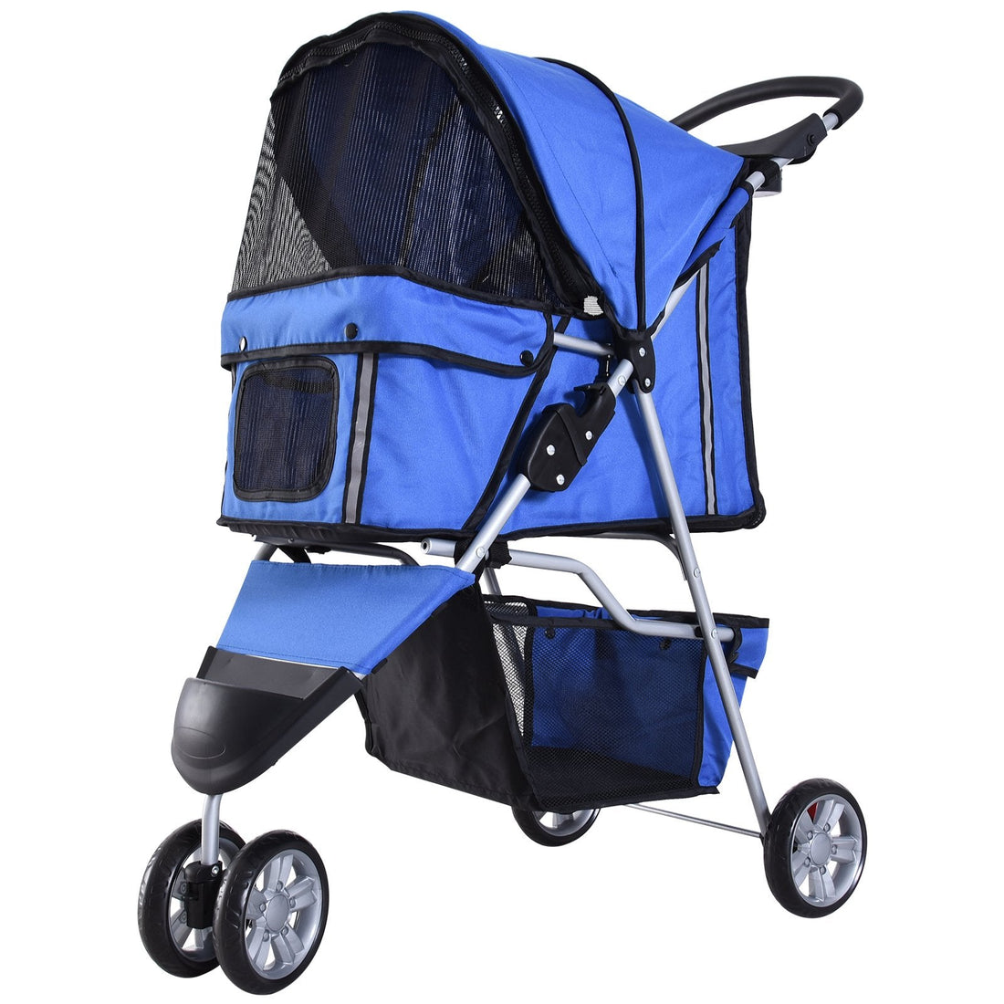 Dog Stroller, 3 Wheels Foldable Cat Dog Pram with Cup Holder, Storage Basket, Pet Stroller for Small Miniature Dogs, Blue