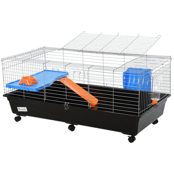 Small Animal Cage Rabbit Guinea Pigs Chinchillas Cage w/ Wheels Water Bottle Food Dish Platform Ramp 119 x 59 x 50 cm Black