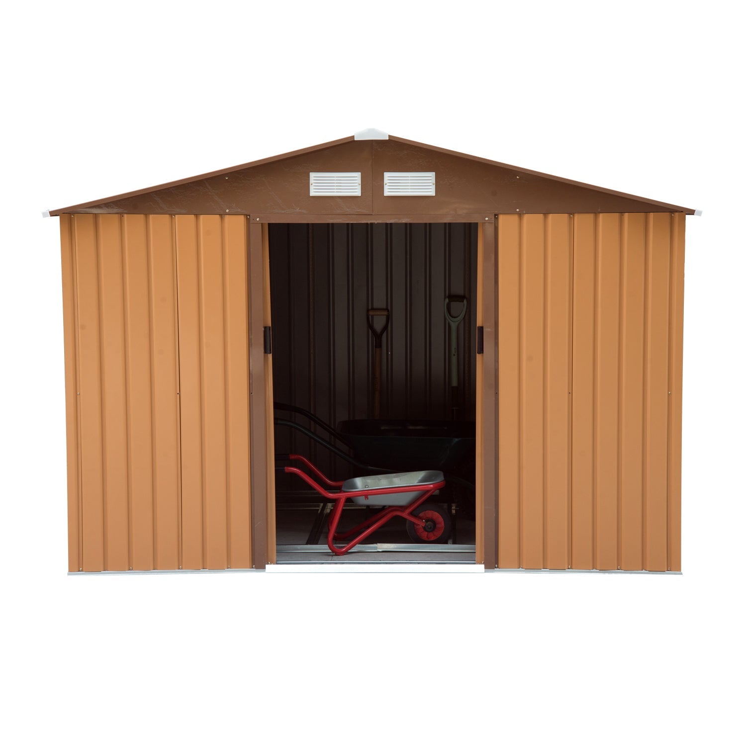9 x 6ft Metal Garden Shed, Outdoor Storage Tool House with Ventilation Slots, Foundation Kit and Lockable Double Doors, Light Brown