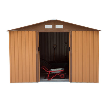 9 x 6ft Metal Garden Shed, Outdoor Storage Tool House with Ventilation Slots, Foundation Kit and Lockable Double Doors, Light Brown