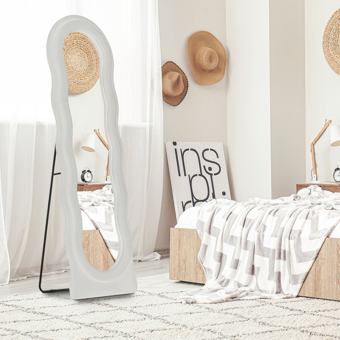 Wavy Velvet-Feel Full Length Mirror - White