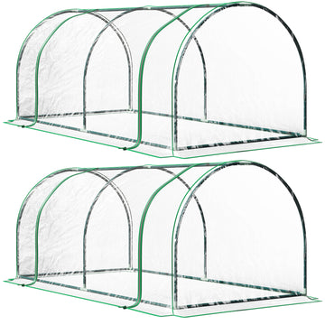 Set of 2 Tunnel Greenhouse, Green Grow House with Roll-up Door, Steel Frame, Plastic Cover for Garden, Outdoor, 200 x 100 x 80cm, Clear