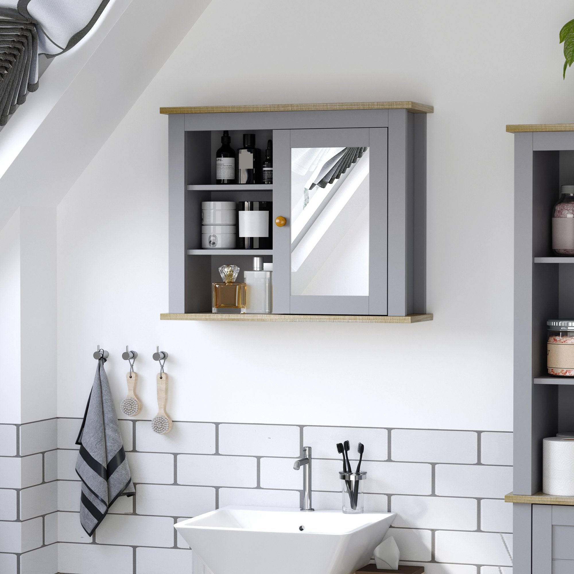 Bathroom Wall Mirror Cabinet, Cupboard with Door, Storage Cabinet with Adjustable Shelf for Corridors Living Rooms, Grey
