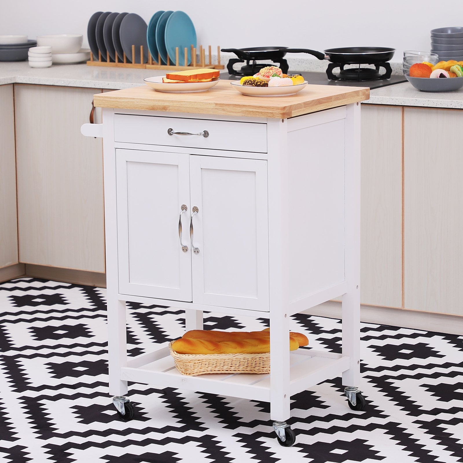 Kitchen Storage Trolley Cart Rolling Wheels Shelves Cupboard W/ Drawer And Towel Rail Rubber Wood Worktop White