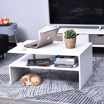 Coffee Table with Storage, 2-Tier Centre Table, Modern Living Room Table with Open Shelf and Aluminium Poles, White