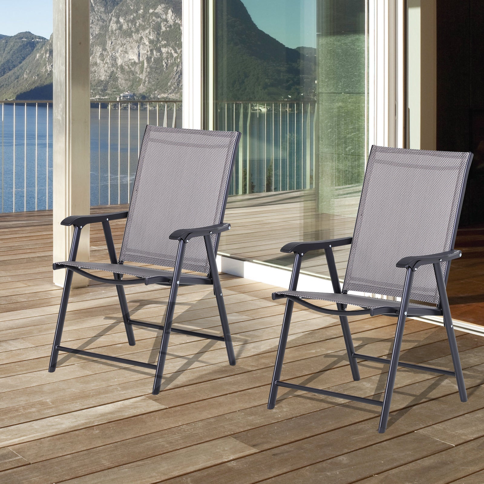 Set of 2 Folding Garden Chairs, Metal Frame Garden Chairs Outdoor Patio Park Dining Seat with Breathable Mesh Seat, Grey