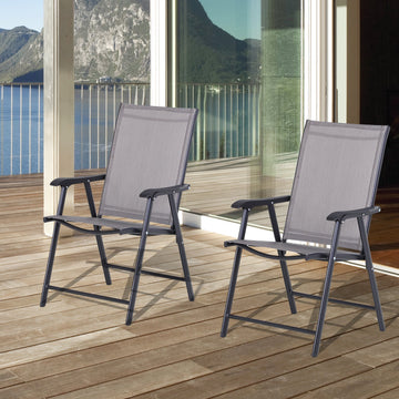 Set of 2 Folding Garden Chairs, Metal Frame Garden Chairs Outdoor Patio Park Dining Seat with Breathable Mesh Seat, Grey