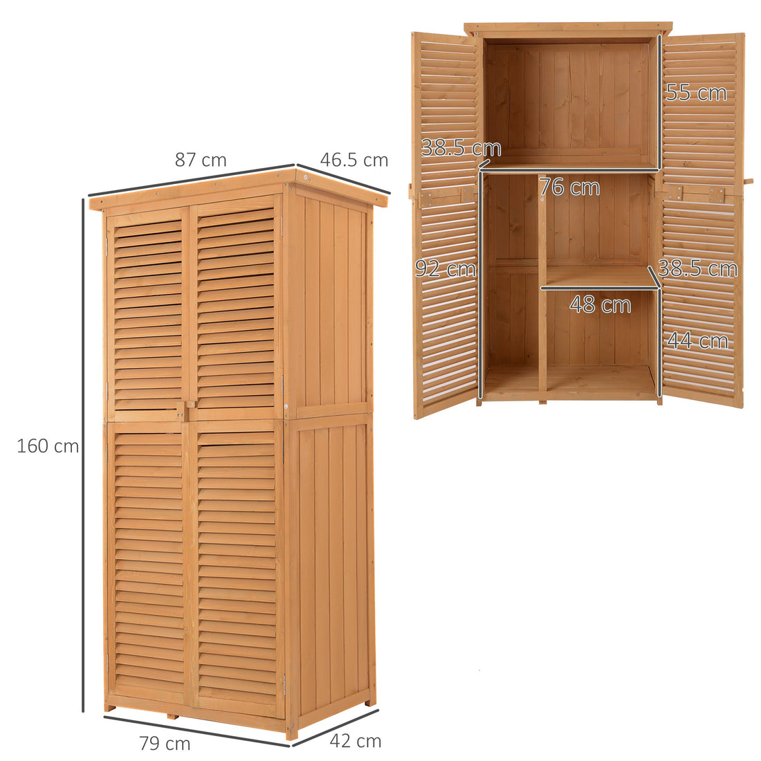 87 x 47 x 160cm Wooden Garden Shed, Sheds & Outdoor Storage with Asphalt Roof and 2 Lockable Doors, Natural